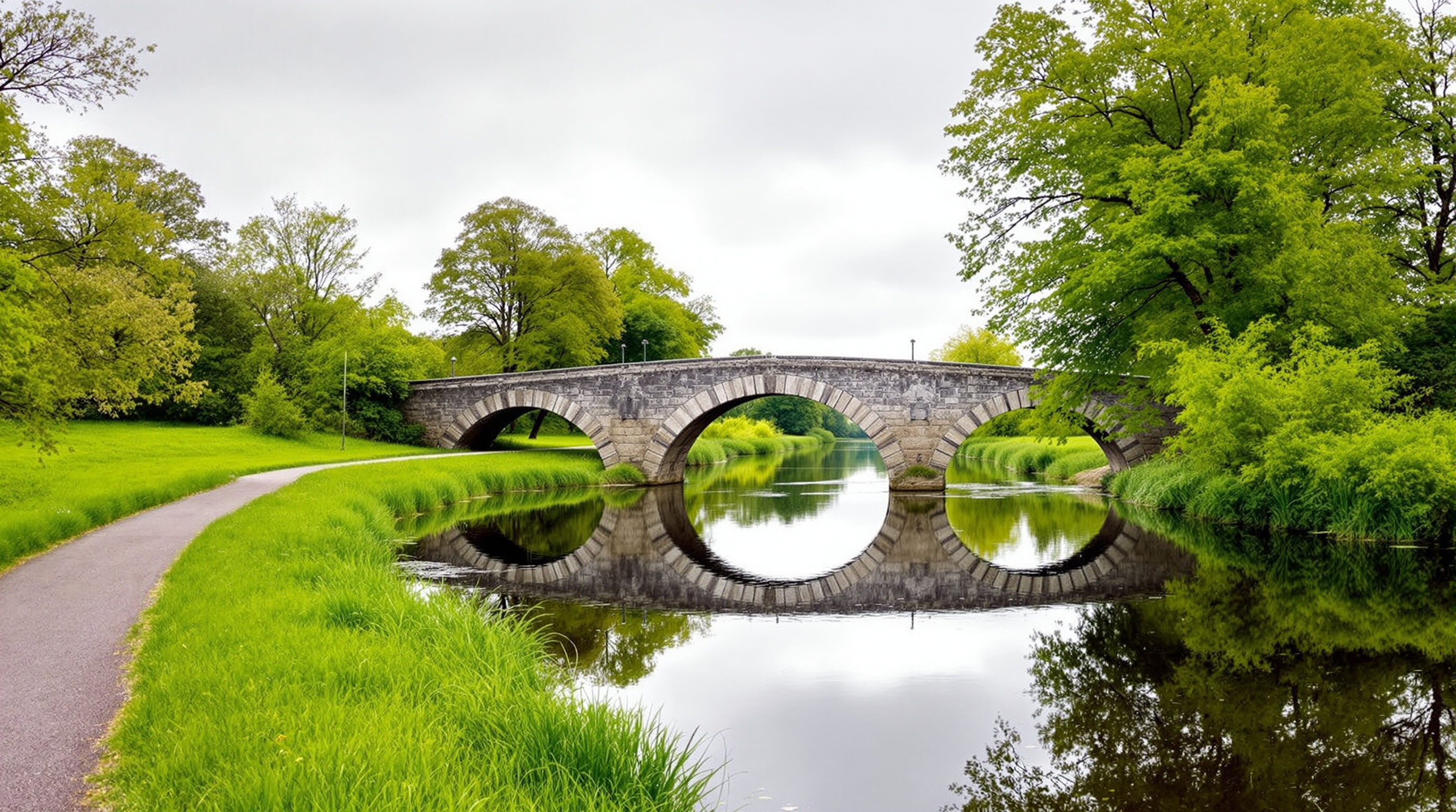 An old stone bridge over the calm River Barrow in County Carlow