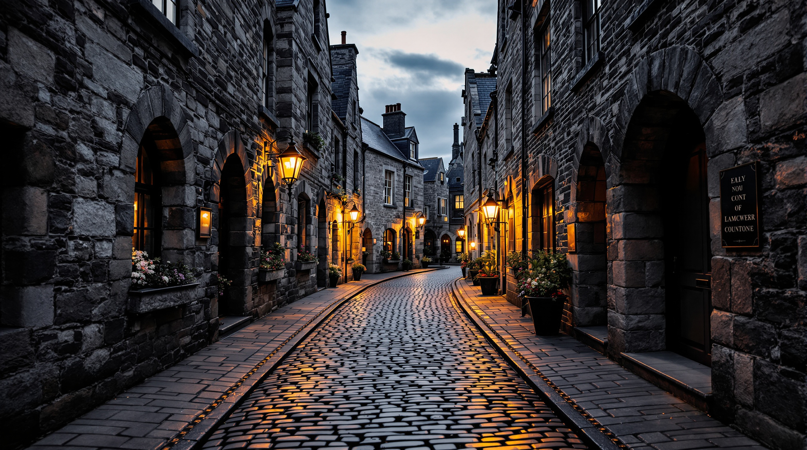 A cobbled medieval laneway among the dark limestone buildings of Kilkenny city